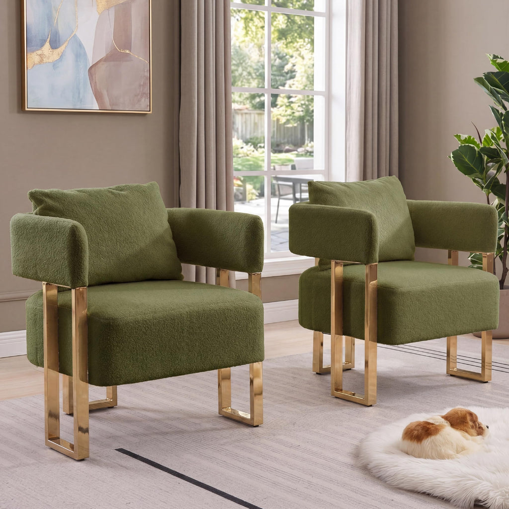 Green Teddy Upholstered Arm Chairs Set of 2 with Metal Legs M125
