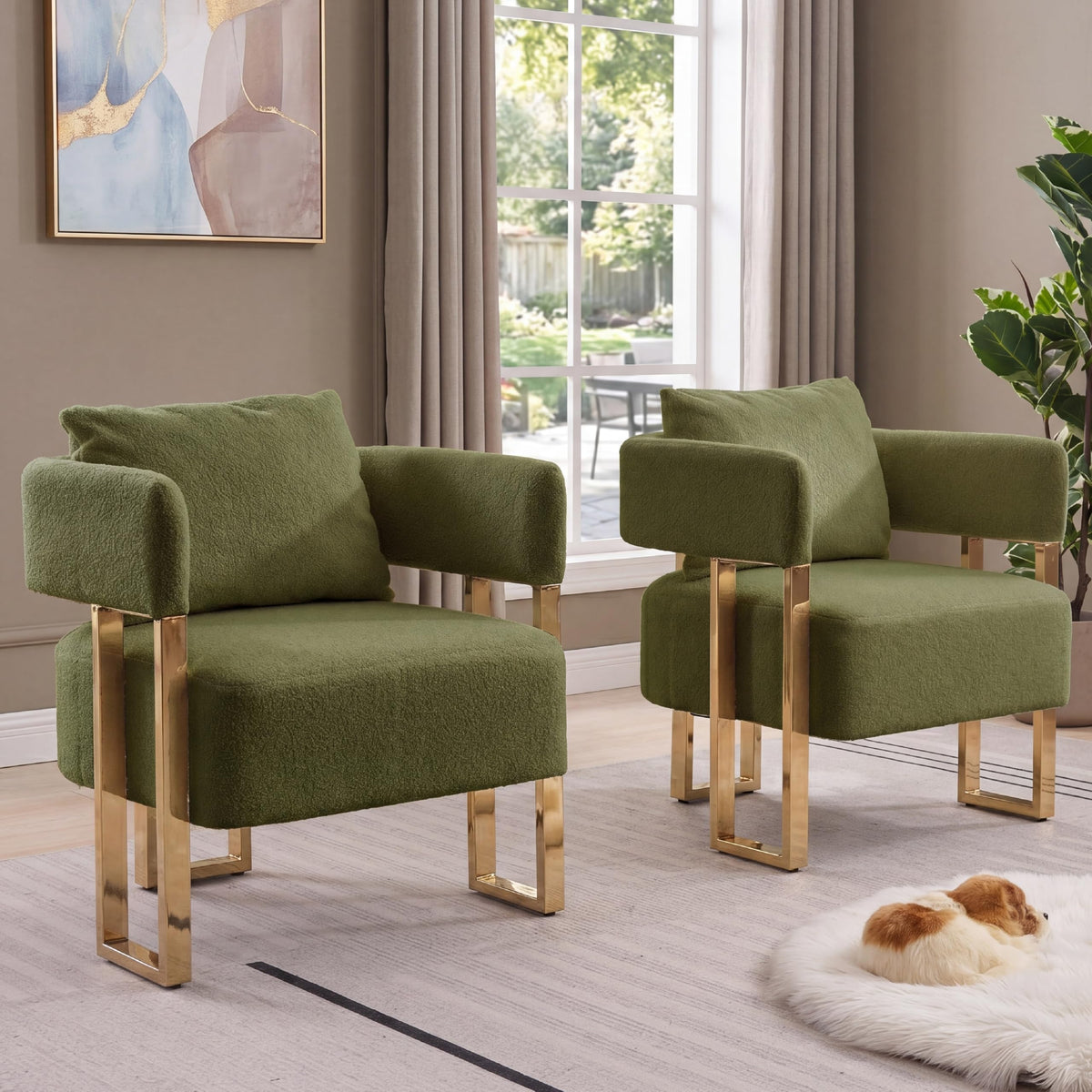 Green Teddy Upholstered Arm Chairs Set of 2 with Metal Legs M125