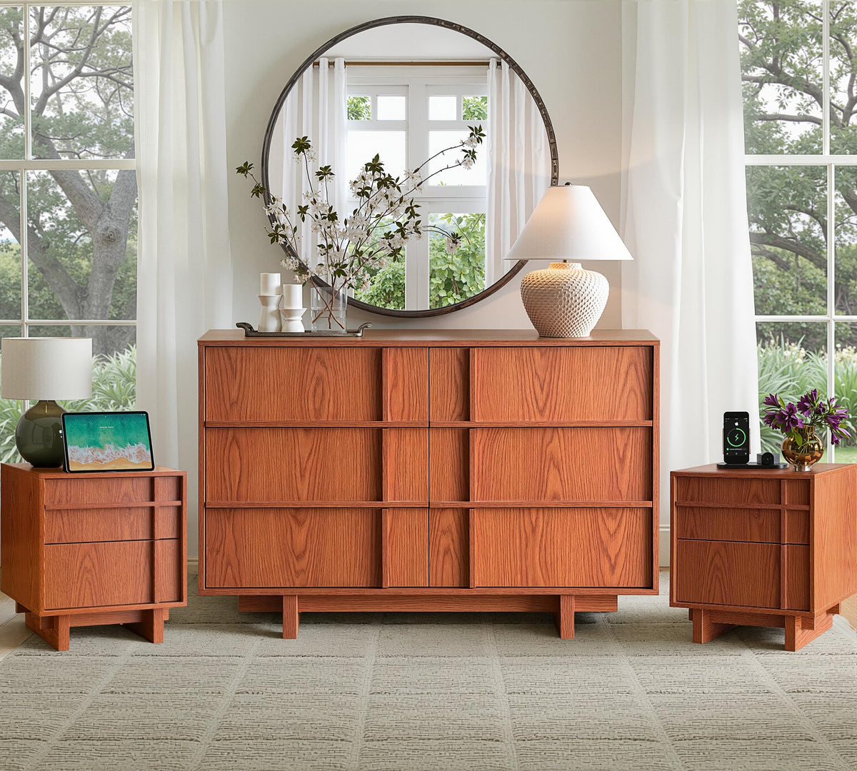 47" Wide 6 Drawer Dresser and Nightstand Set 3 Piece, Cherry U119747