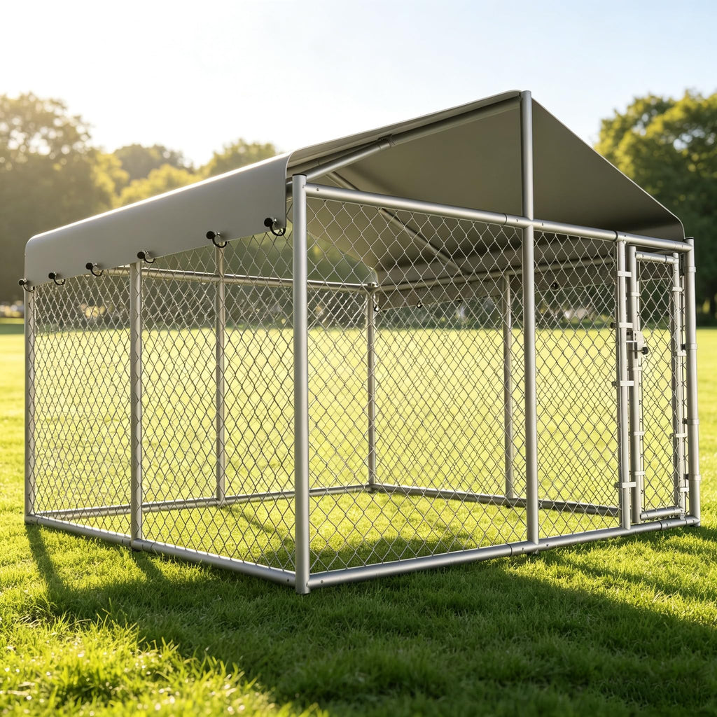 10 x 10 x 6.56 ft Galvanized Chain Link Dog Kennel with Roof B431221